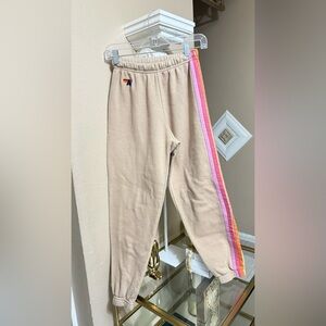Aviator Nation Kids Tan Joggers with Rainbow Stripes